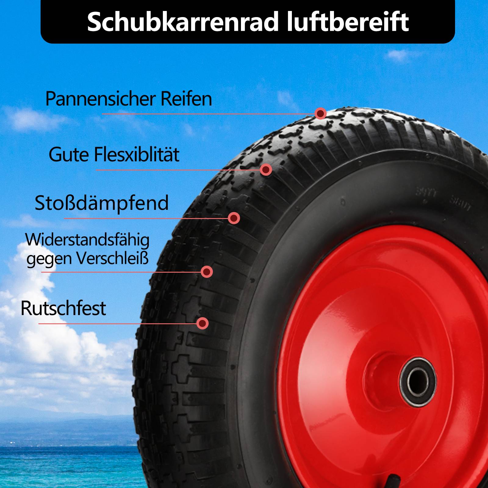 Pneumatisches Ersatzrad für Schubkarren, Karren und Gartenwagen - Langlebige Kunststofffelge, Größe 4.80 / 4.00 - 8, 200 kg Tragfähigkeit, einfach