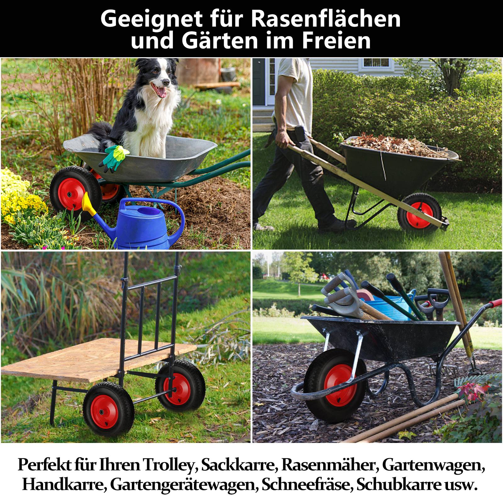 Pneumatisches Ersatzrad für Schubkarren, Karren und Gartenwagen - Langlebige Kunststofffelge, Größe 4.80 / 4.00 - 8, 200 kg Tragfähigkeit, einfach