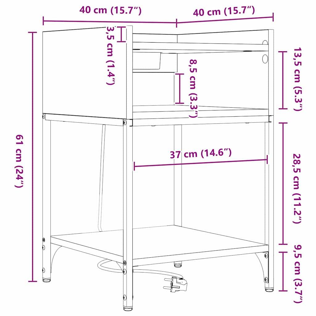 Eine Linienzeichnung eines zweistufigen Schreibtisches mit Maßen: oberes Stück 40x40 cm, insgesamt 61 cm hoch, untere und obere Ablagen in spezifischen Höhen.