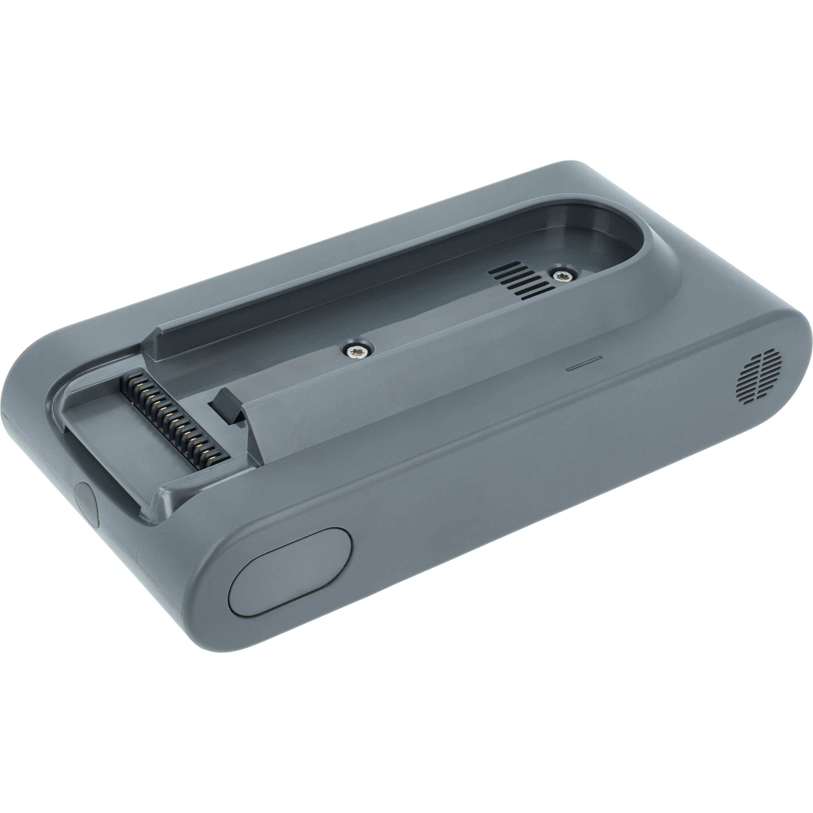 Ein grauer wiederaufladbarer Batteriepack für elektronische Geräte mit Kunststoffgehäuse und Kontaktpunkten.