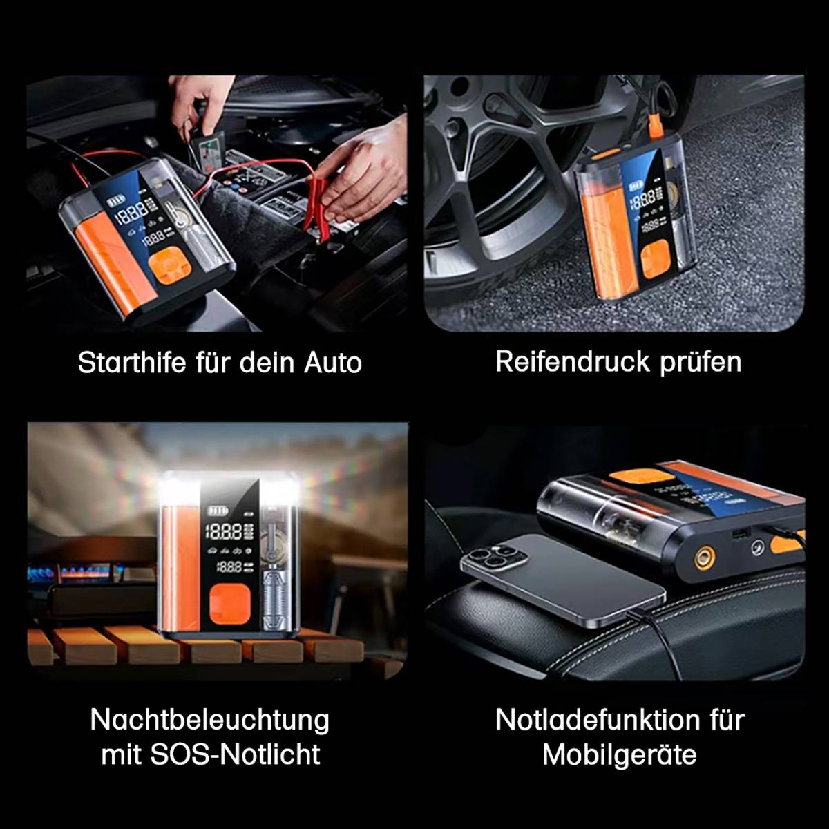KfZ Starthilfe 800A inkl. Powerbank 8800mAh mit Kompressor 150PSI und Reifenpumpe