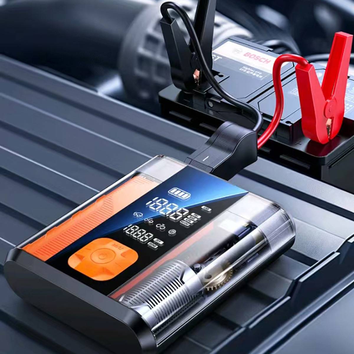 KfZ Starthilfe 800A inkl. Powerbank 8800mAh mit Kompressor 150PSI und Reifenpumpe