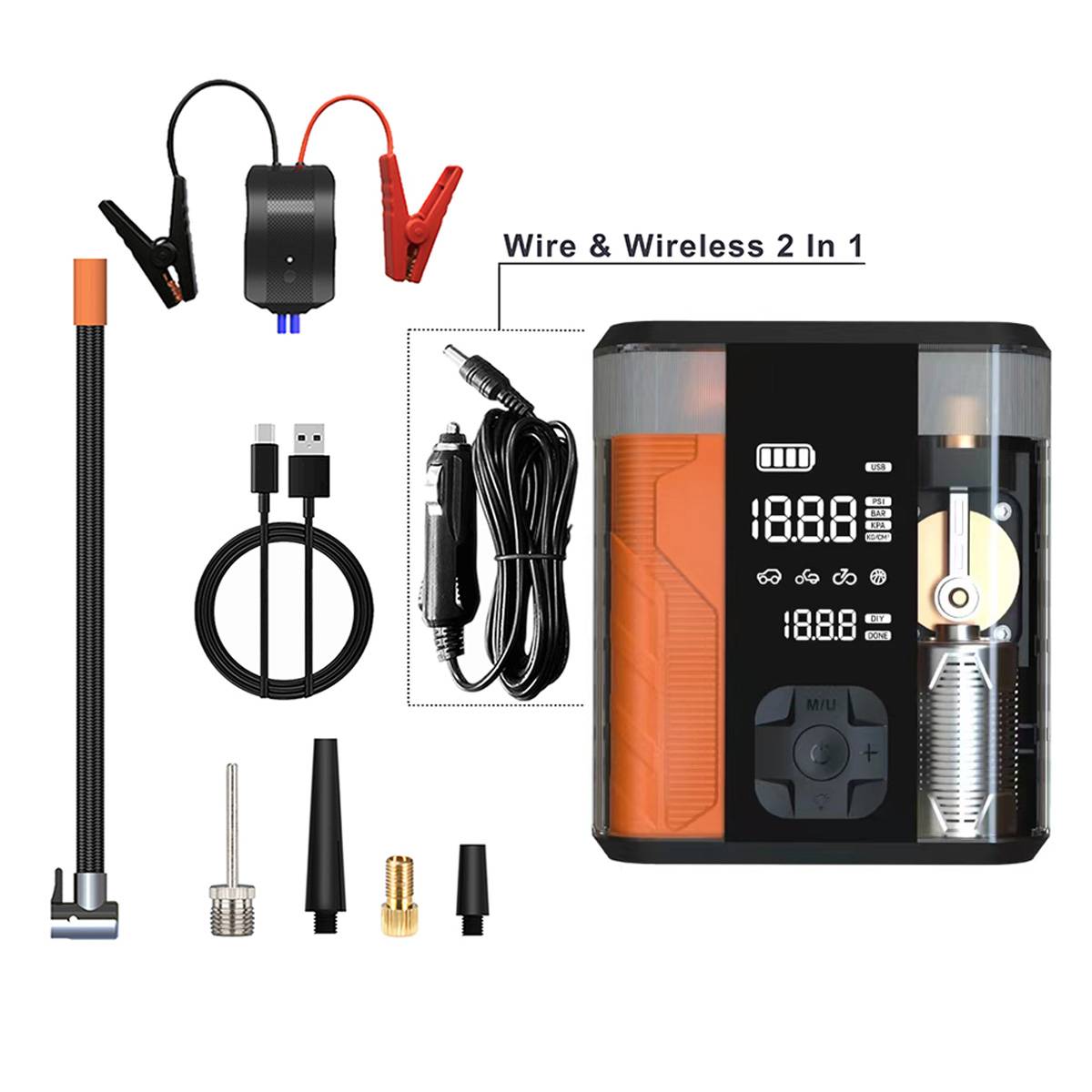 KfZ Starthilfe 800A inkl. Powerbank 8800mAh mit Kompressor 150PSI und Reifenpumpe