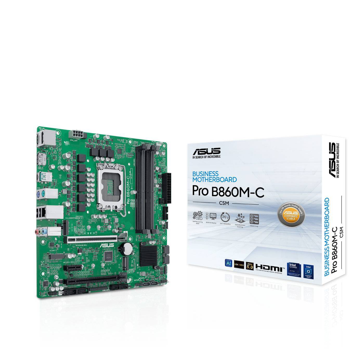 Asus Pro B860M-C/CSM Business Motherboard' mit der Hauptplatine links und ihrer Verpackung rechts.