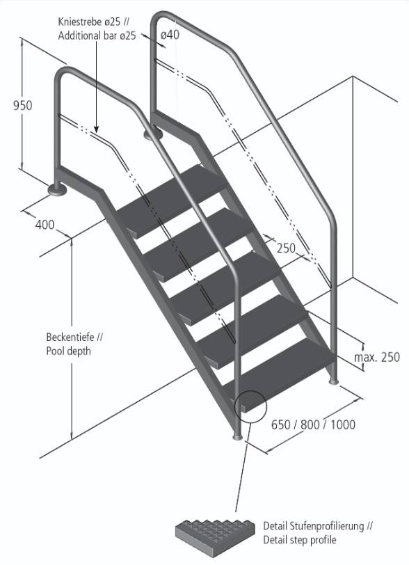 Eichenwald Pooltreppe Modell 13 Treppe Stufenbreite 650mm Beckentiefe 1610mm 7 Stufen
