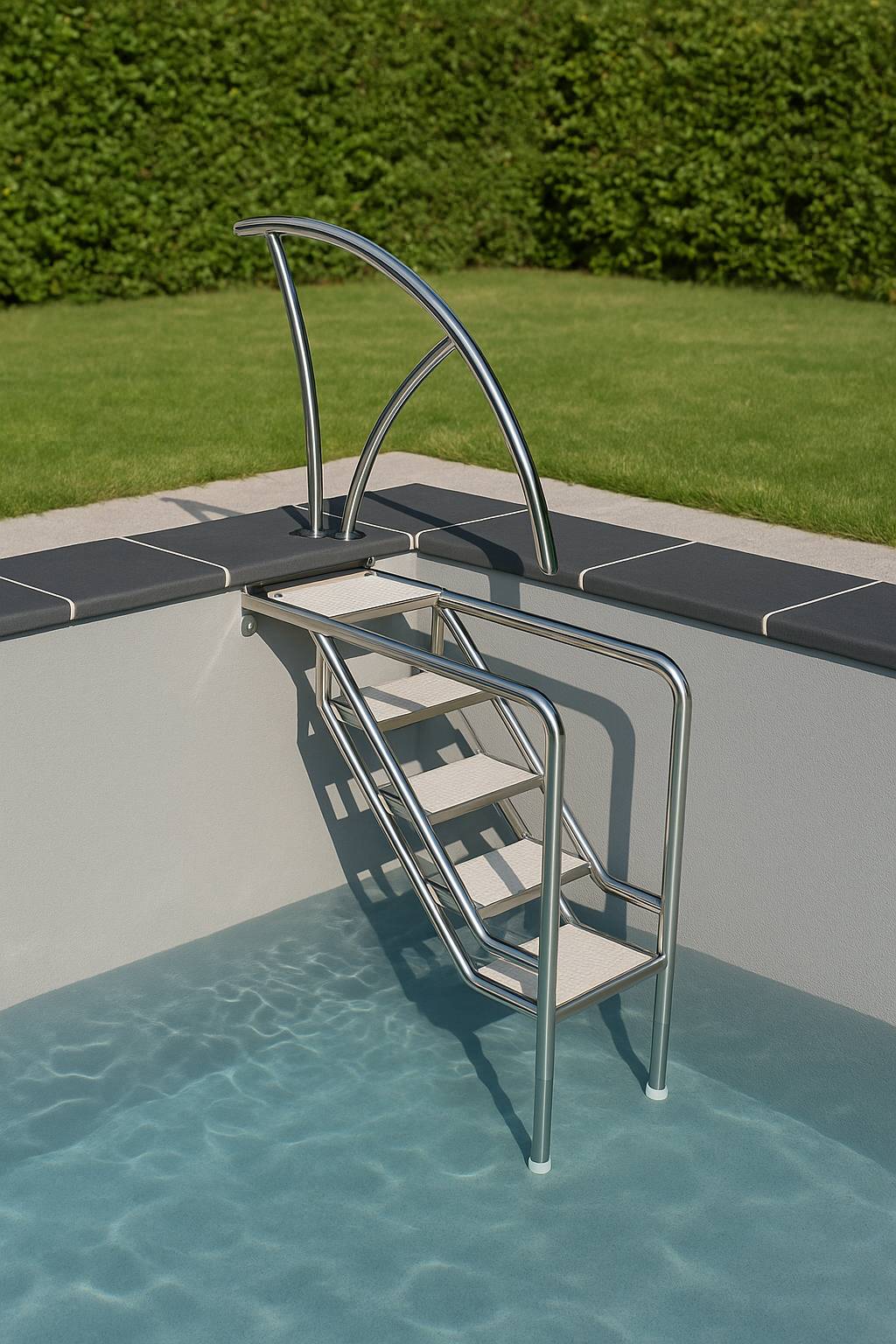 Eichenwald Pooltreppe Modell 08.3 Miami nur Unterteil Beckentiefe 1199mm 4 Edelstahl-Waffelblech-Stufen