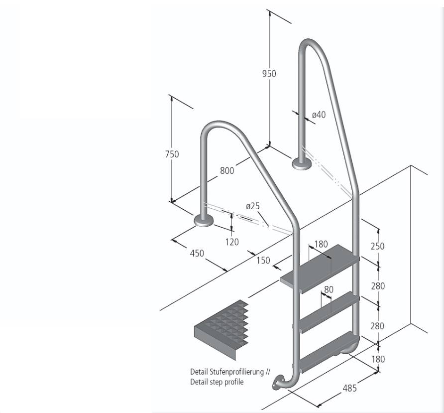 Eichenwald Poolleiter Modell 07 Marina Öffentlich Einbauhalterung Beckentiefe 780mm 2 Stufen
