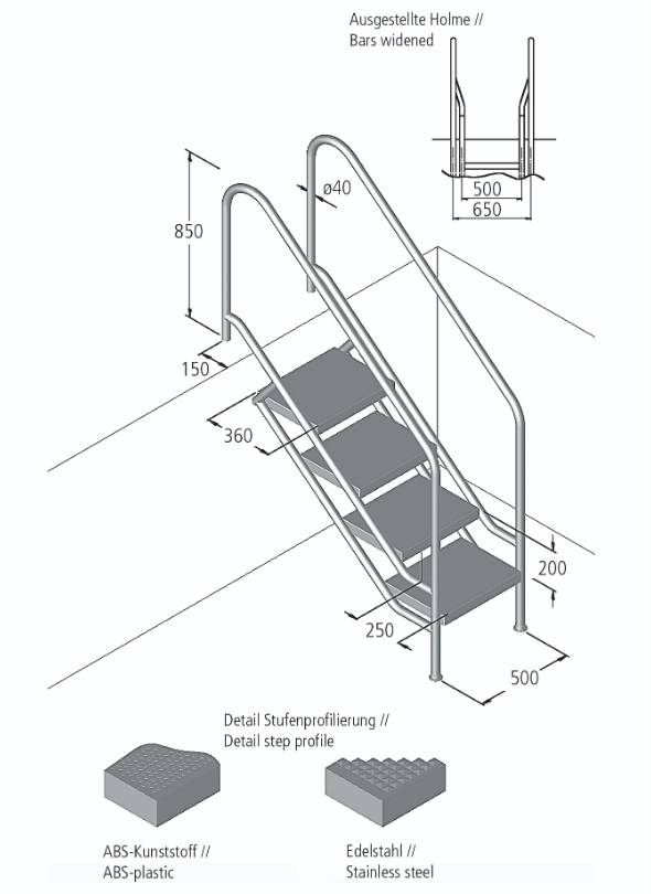 Eichenwald Pooltreppe Modell 08.1 Miami Beckentiefe 1999mm Ausladung 2088mm 8 ABS-Stufen
