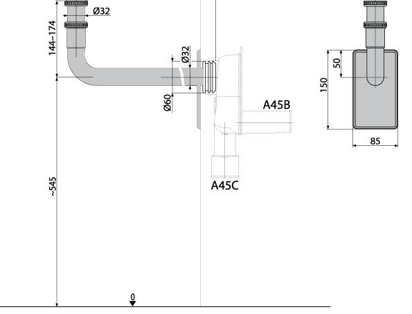 alcadrain Röhrengeruchverschluss für Waschbecken DN32 mit einer Überwurfmutter 5/4", Metall