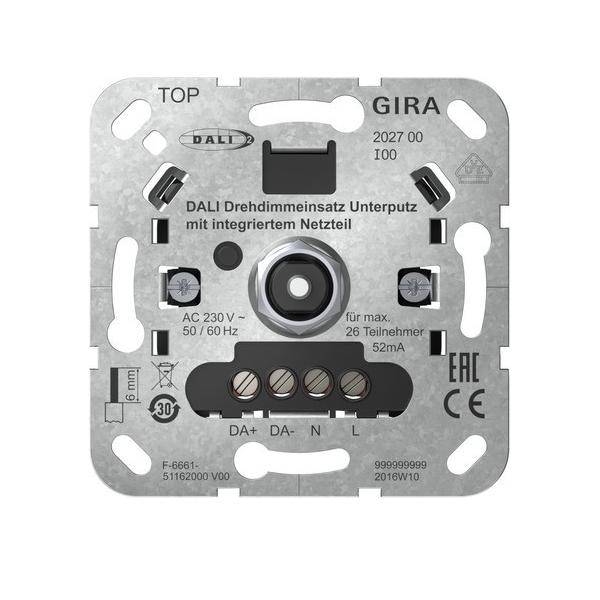 Das Bild zeigt ein DALI-Drehdimmermodul von GIRA zur Unterputzmontage, das mit Anschlussports und Spezifikationen gekennzeichnet ist.