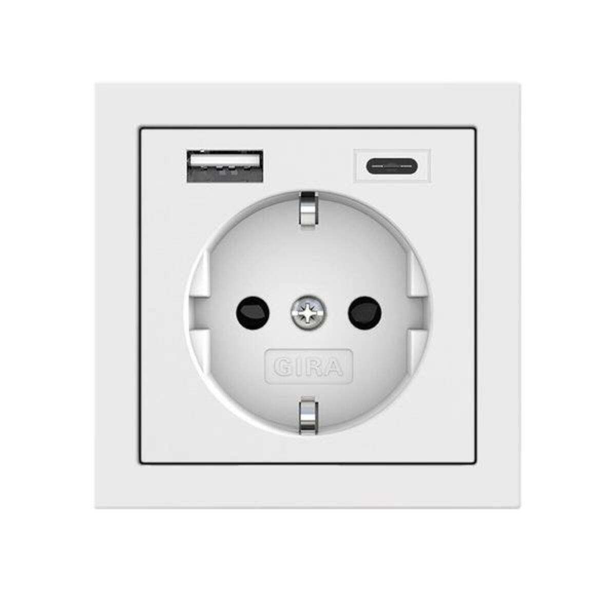 Eine weiße elektrische Wandsteckdose mit zwei USB-Anschlüssen, einem Typ-A und einem Typ-C, oberhalb einer Standard-Steckdose.