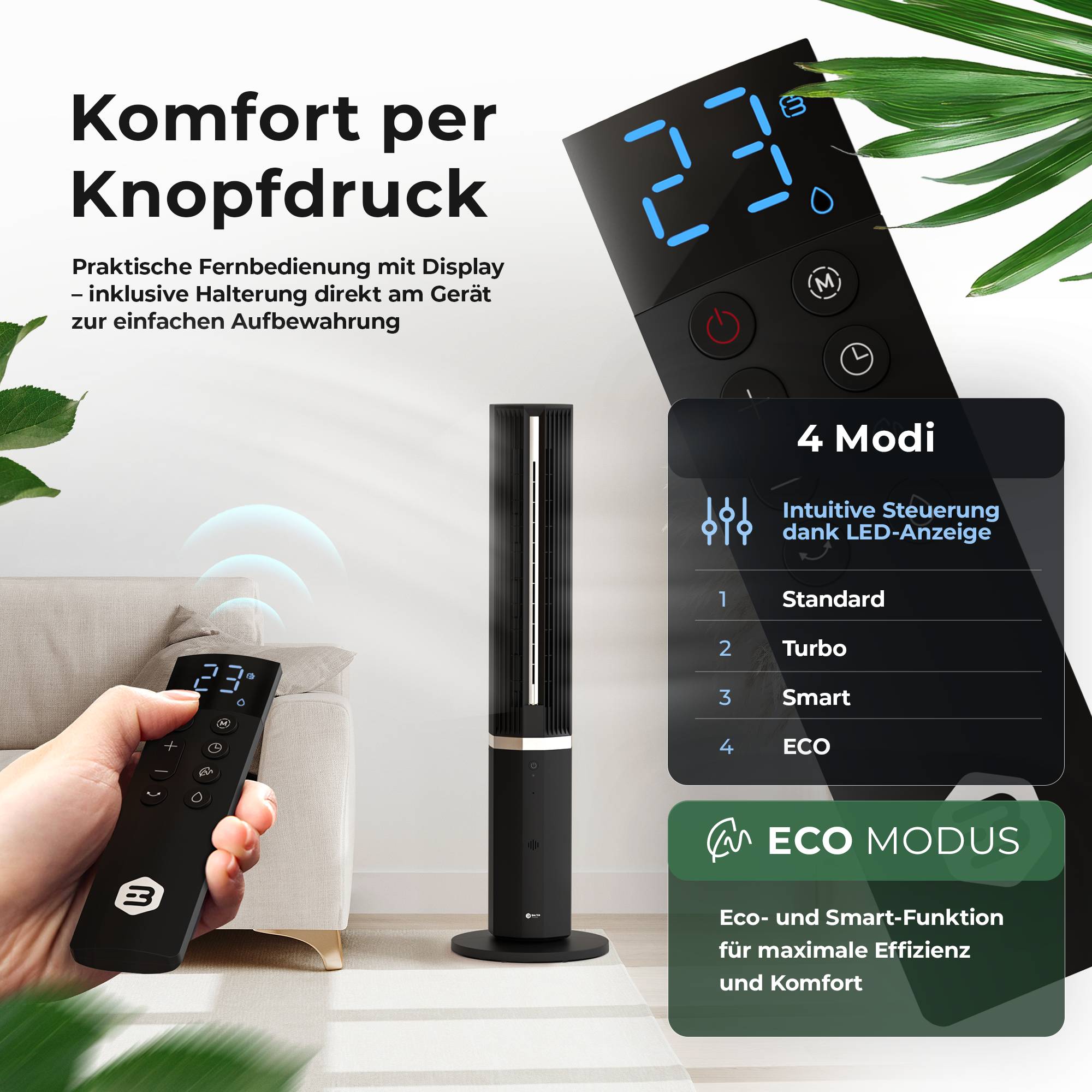 Balter 5-in-1 Ventilator mit Wasserkühlung - Luftkühler & Luftreiniger, Luftbefeuchter - Turmventilator mit Wasserkühlung - 15Std Timer - sehr leis