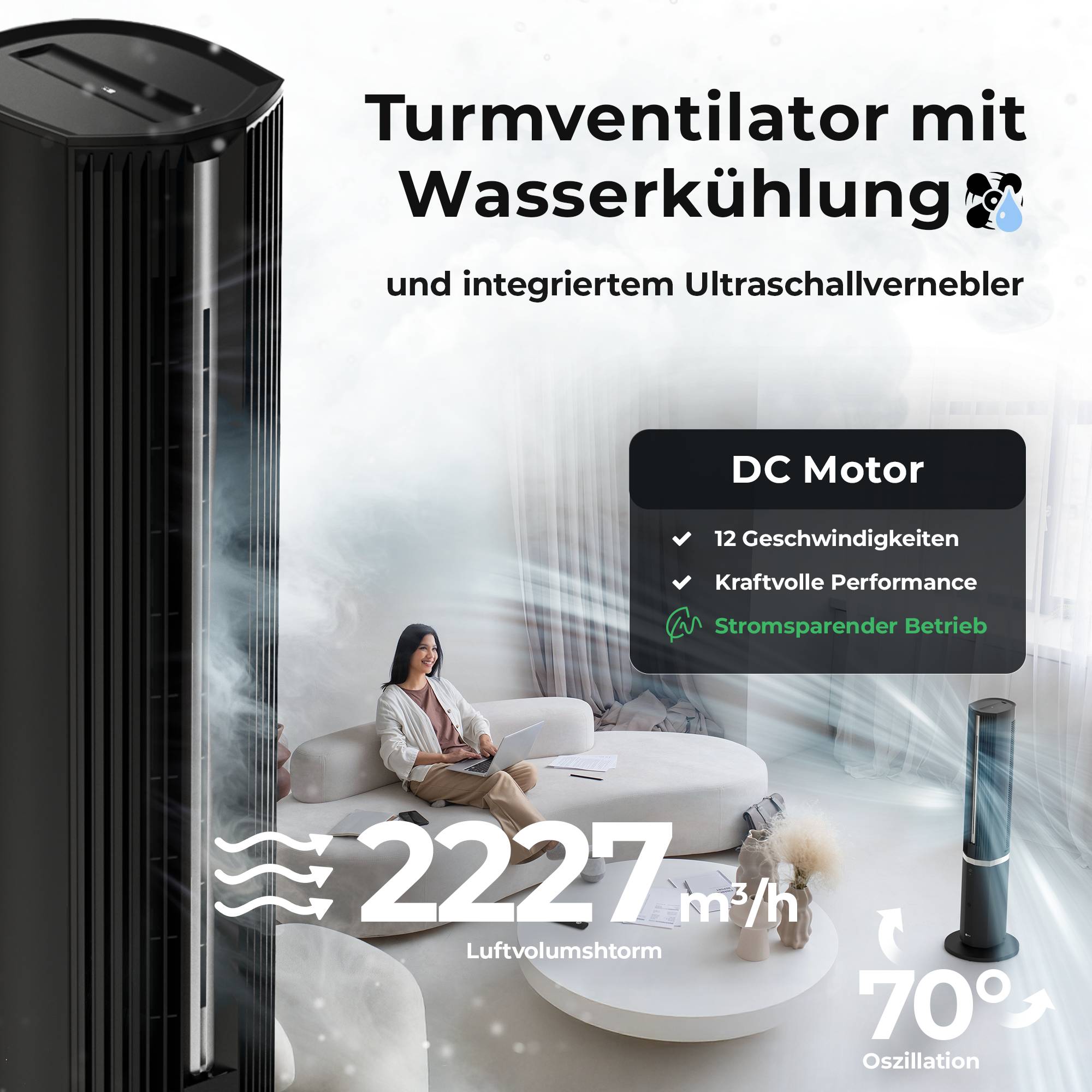 Balter 5-in-1 Ventilator mit Wasserkühlung - Luftkühler & Luftreiniger, Luftbefeuchter - Turmventilator mit Wasserkühlung - 15Std Timer - sehr leis