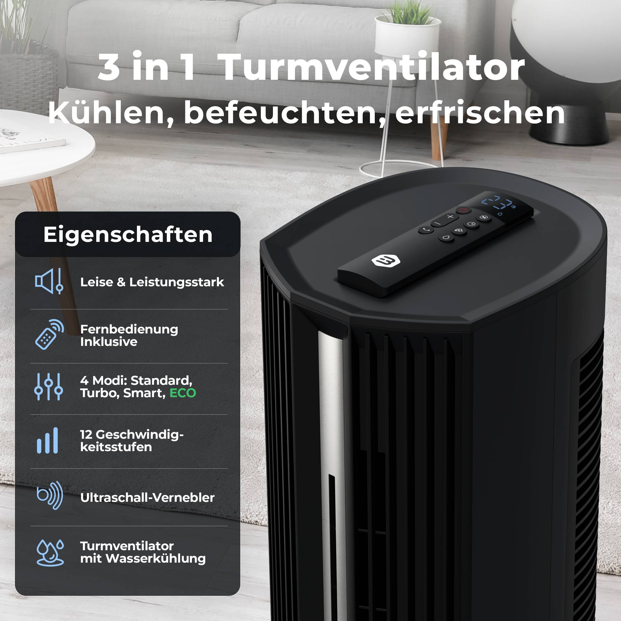Balter 5-in-1 Ventilator mit Wasserkühlung - Luftkühler & Luftreiniger, Luftbefeuchter - Turmventilator mit Wasserkühlung - 15Std Timer - sehr leis