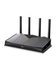 Schwarzer WLAN-Router mit vier externen Antennen, dargestellt auf weißem Hintergrund.