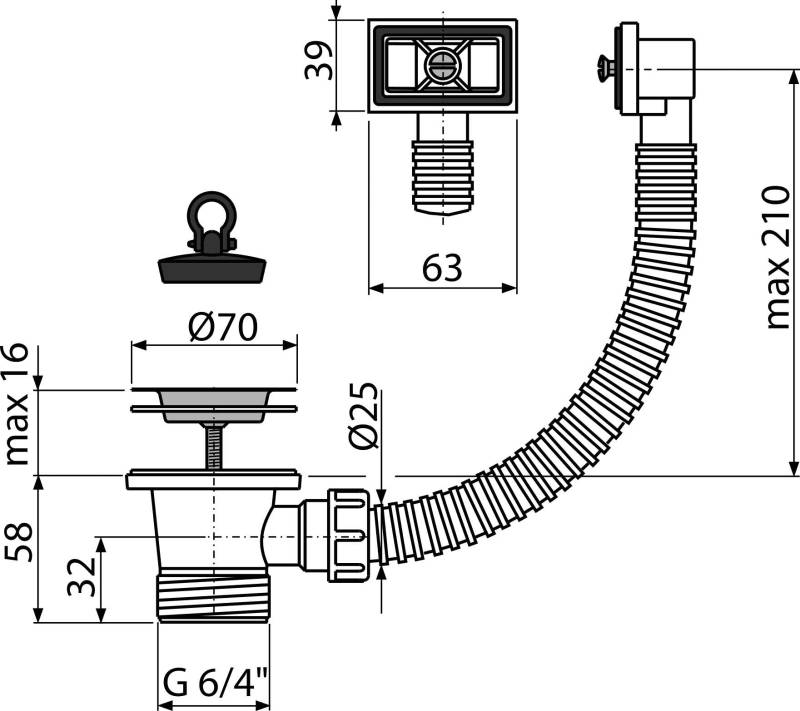 Alcadrain clapet de vidange pour évier 6/4" avec grille en inox DN70 et trop-plein flexible