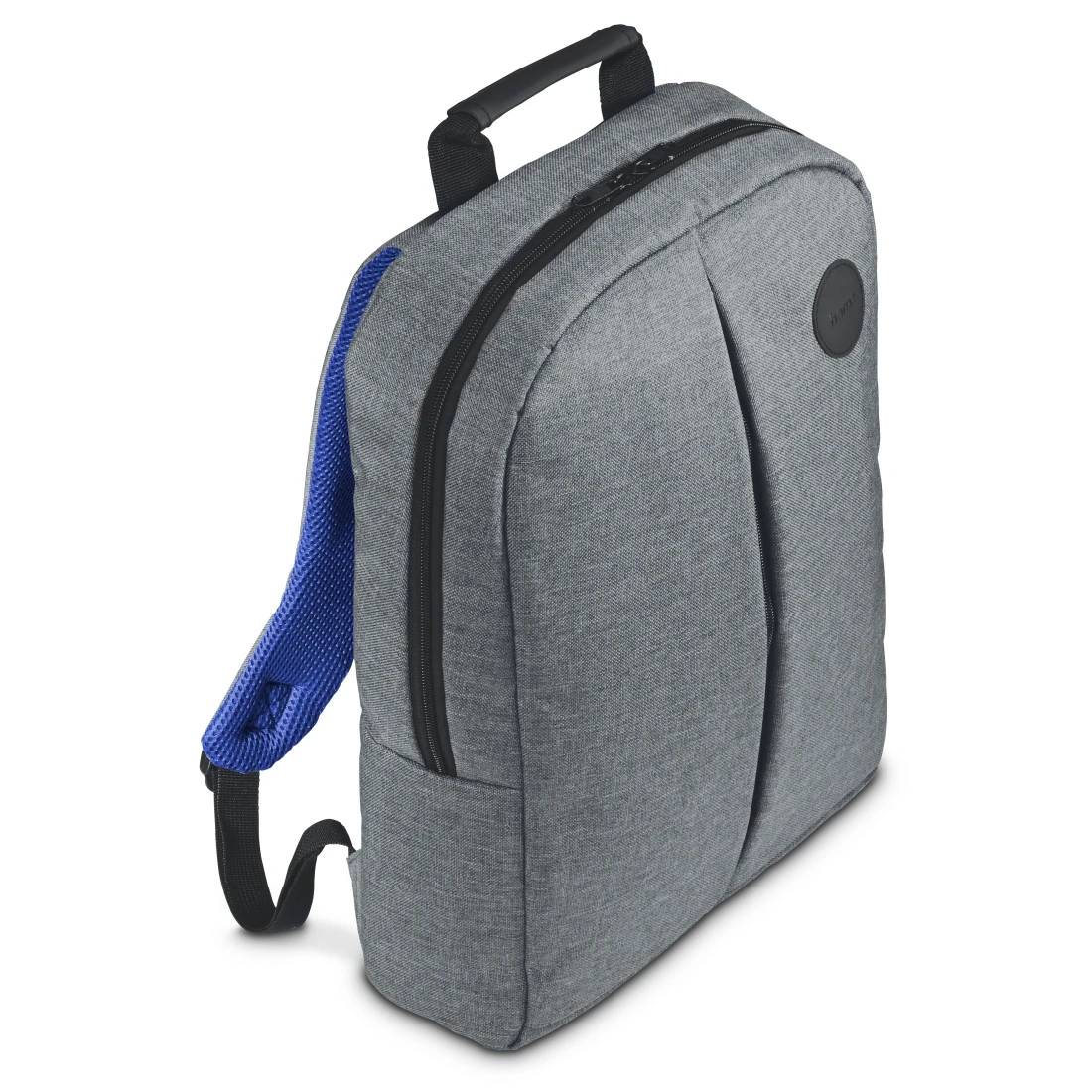 Grauer Rucksack mit schwarzem Besatz, Tragegriff oben und blauem Mesh-Rückenpanel auf weißem Hintergrund.