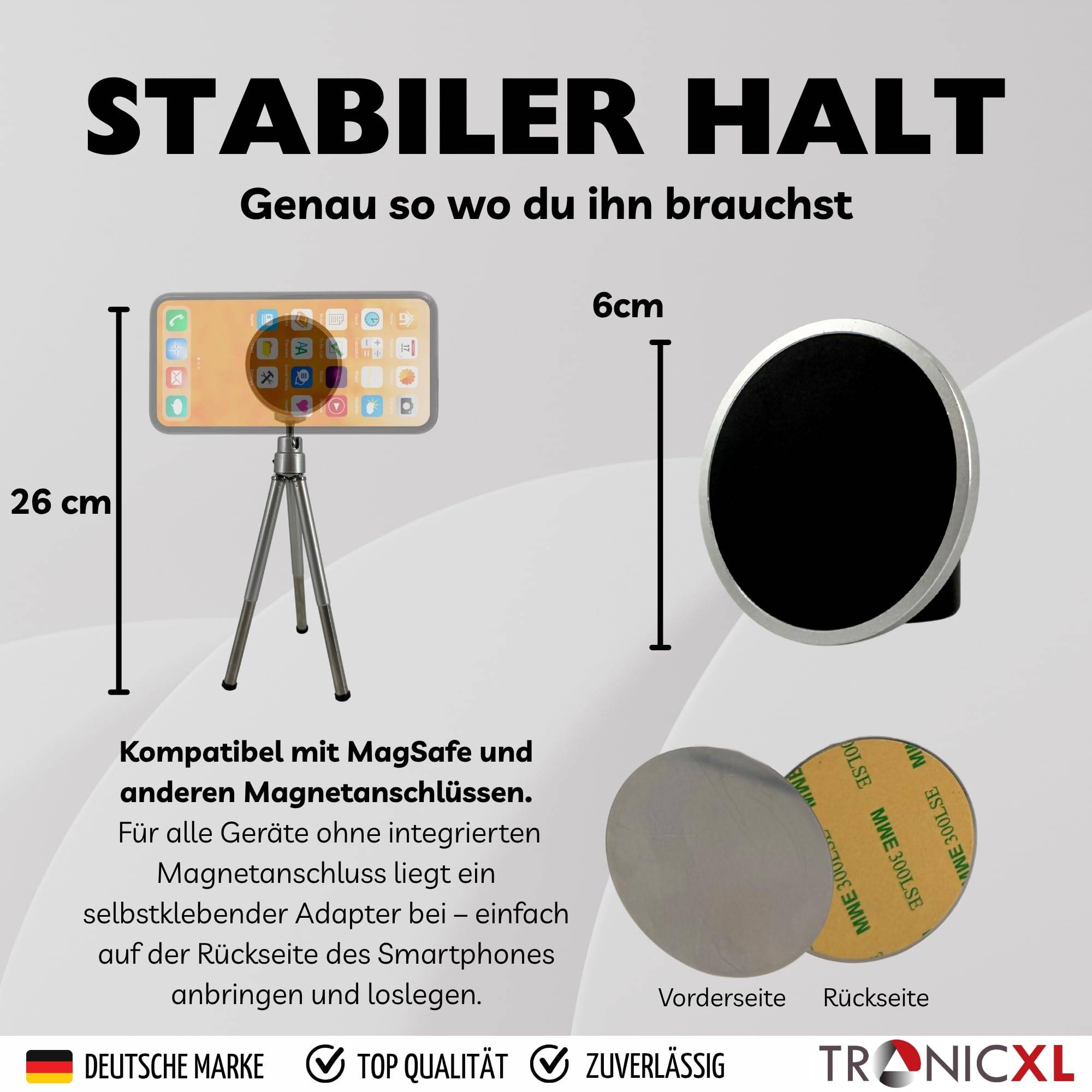 Magnetische Handyhalterung Tischstativ Tisch Stativ mit Kugelkopf Tripod I kompatibel mit Apple iPhone 15 Pro Max 15 Plus 14 13 12 Magsafe Handy