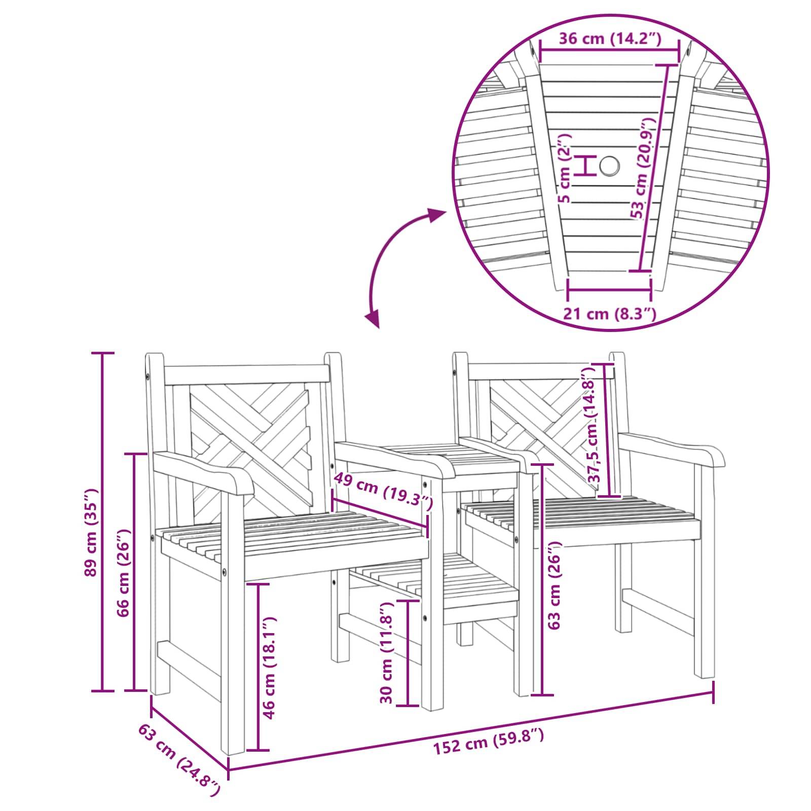 Diagramm mit Abmessungen eines Outdoor-Möbelsets bestehend aus zwei Stühlen und einem Tisch: 152 cm breit, 63 cm tief, 89 cm hoch. Detaillierte Maßangaben für Stühle und Tisch enthalten.