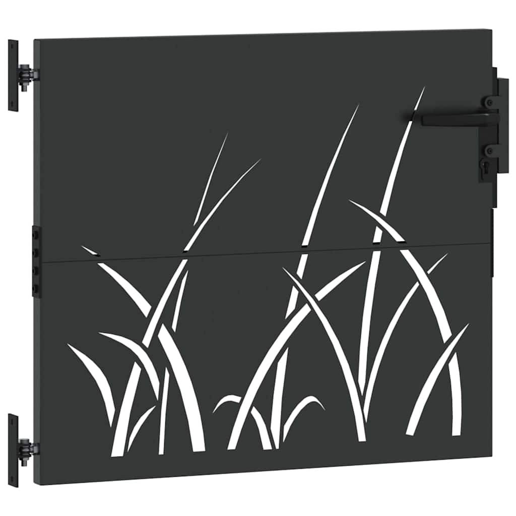 Ein dunkles Torpaneel weist ein Ausschnittdesign von hohen Grashalmen auf, das eine dekorative, naturalistische Erscheinung bietet, die sich für Gartensettings eignet.