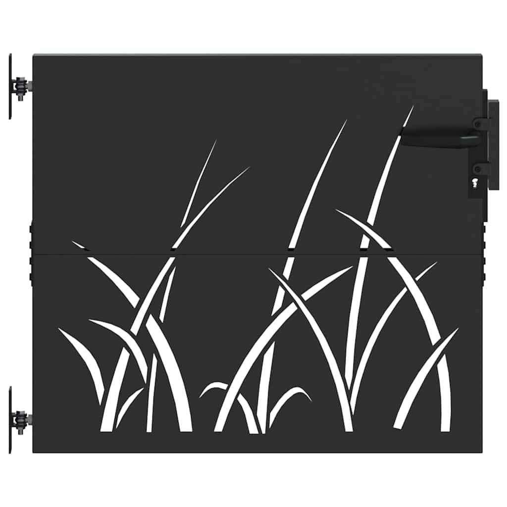 Ein schwarzes Metalltor mit einem dekorativen Design, das Silhouetten von hohem Gras zeigt. Das Tor hat ein Schloss auf der rechten Seite und Scharniere auf der linken Seite.