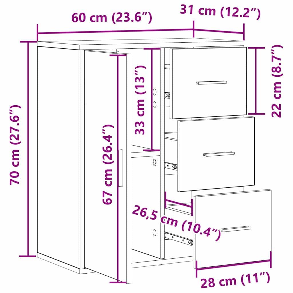 Eine Skizze eines Schranks mit Abmessungen: Höhe 70 cm, Breite 60 cm, Tiefe 31 cm. Ausgestattet mit zwei Einlegeböden und drei Schubladen mit spezifizierten Größen.
