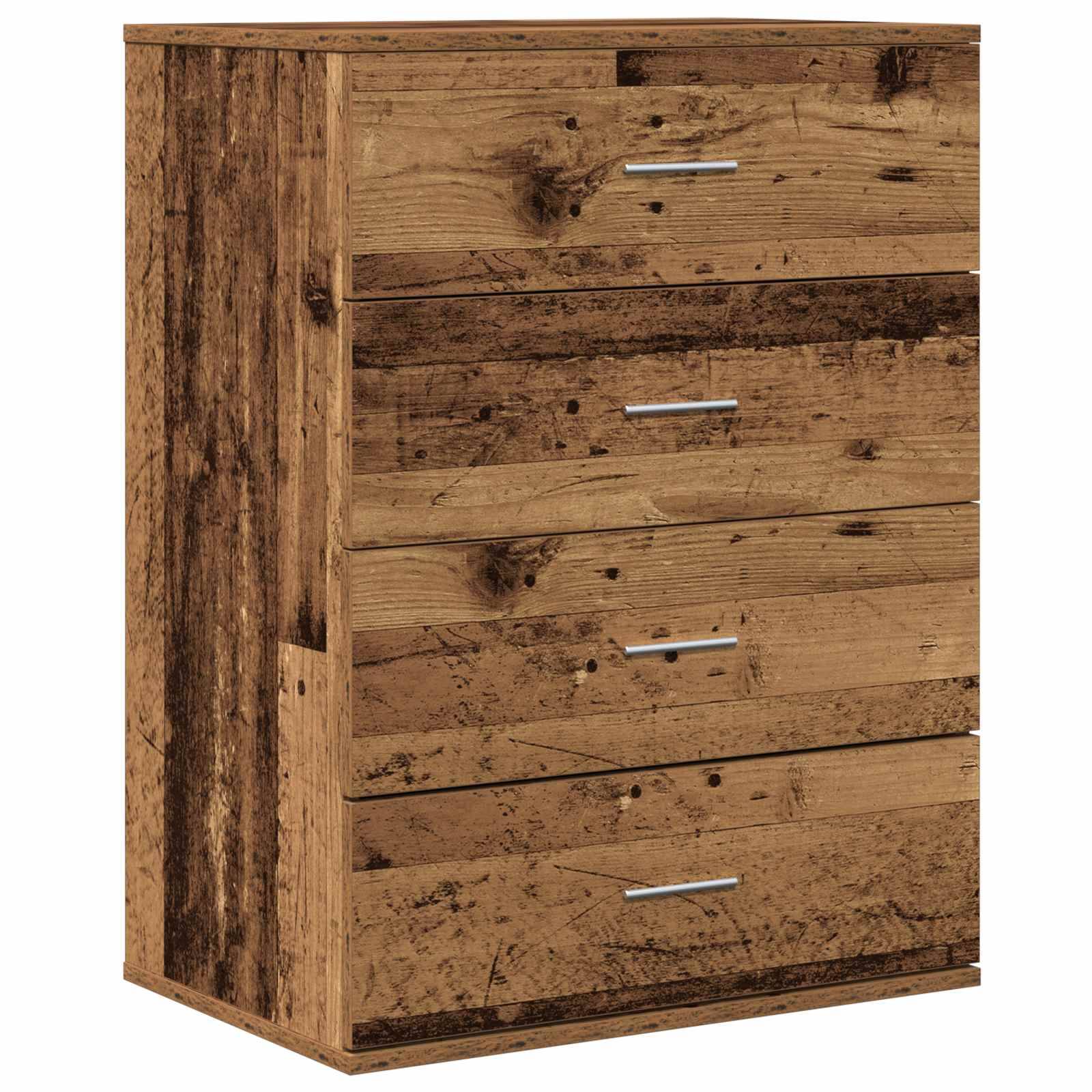 Holzkommode mit vier Schubladen, rustikalem, verwittertem Finish und silbernen Stabgriffen.