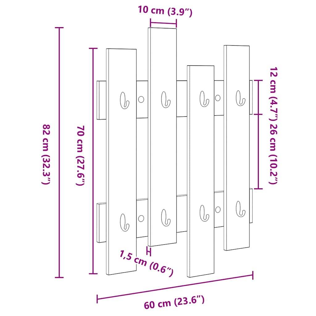 Wandgarderobe Abmessungen: 82 cm Höhe, 60 cm Breite, 10 cm Tiefe. Inklusive Haken und verschiedenen Panellängen.