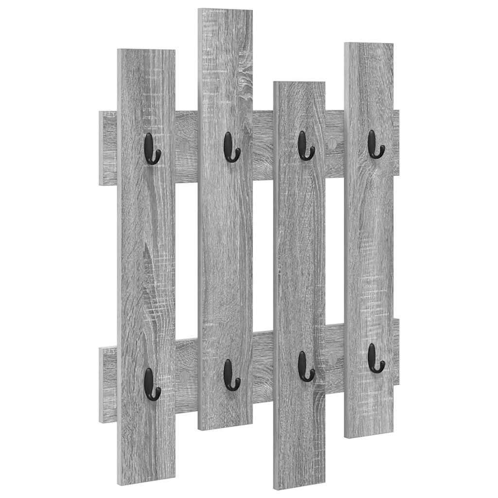 Wandgarderobe aus Holz mit fünf schwarzen Haken, ausgestattet mit einer rustikalen grauen Oberfläche.