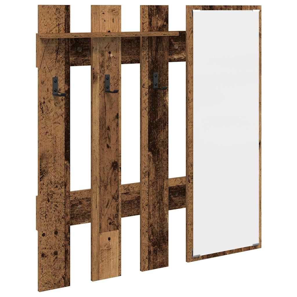 Garderobe aus Holz mit vier vertikalen Paneelen, drei Haken und einem angebrachten Ganzkörperspiegel auf der rechten Seite.