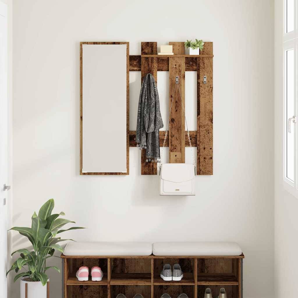 Eingangsbereiche mit einem Holz-Garderobenhaken, Spiegel, Haken zum Aufhängen eines Schals und einer Tasche, Bank mit Schuhaufbewahrung und einer Pflanze in der Ecke.