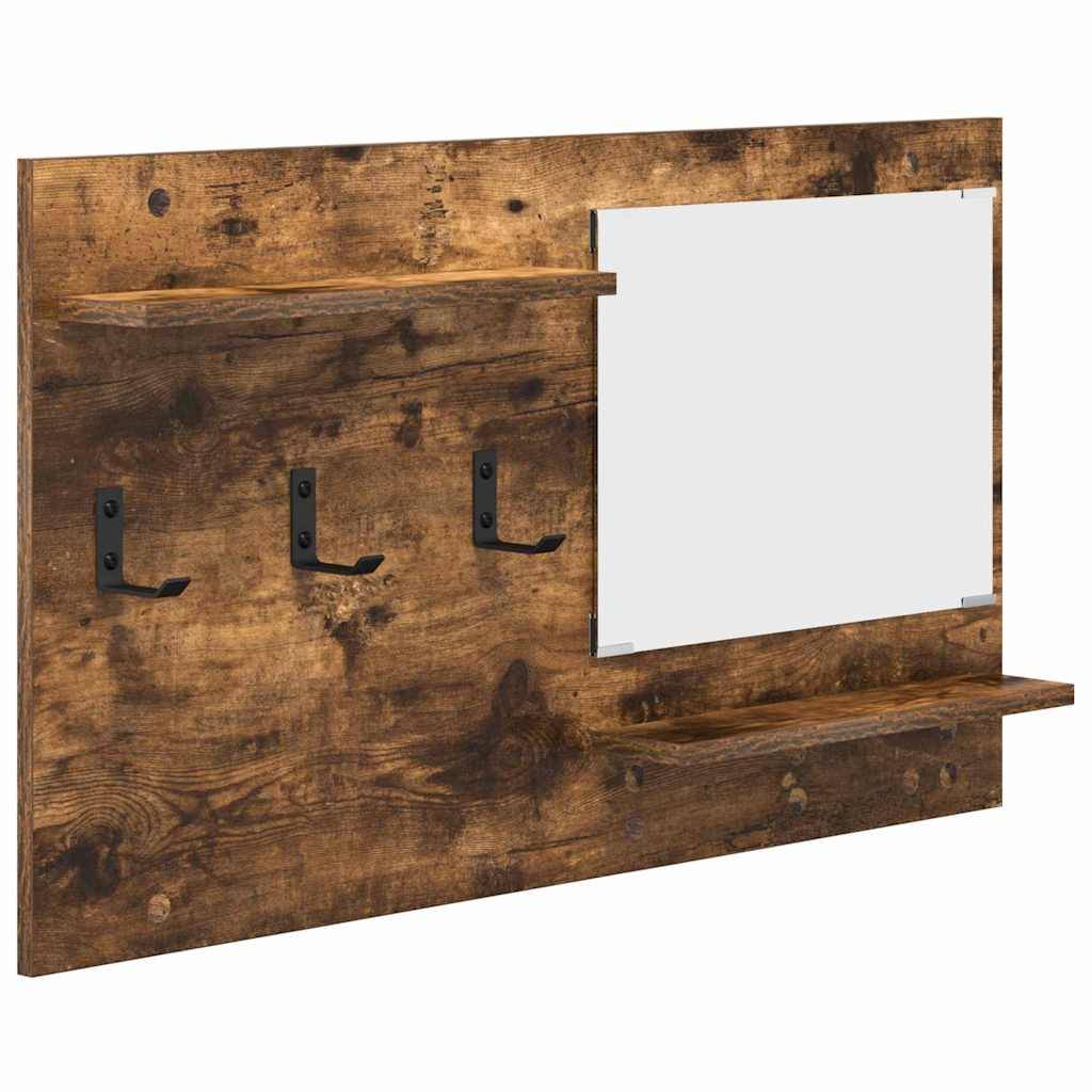 Wandmontierte Holzablage mit Spiegel, drei Haken und zwei Regalen. Rustikale Ausführung, geeignet für Eingangsbereiche oder Flure.