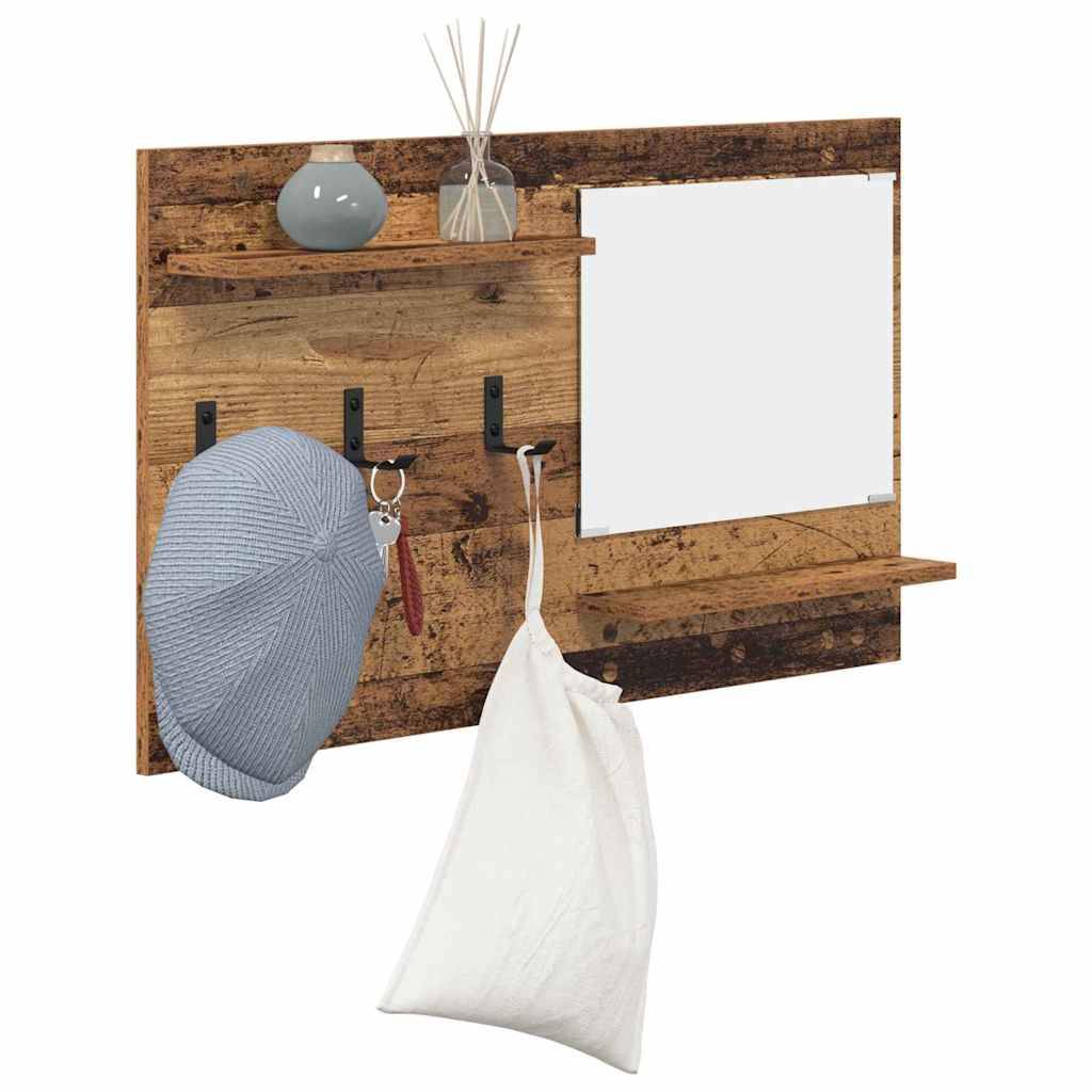 Holz-Wandorganizer mit einer Whiteboardfläche, Haken zum Aufhängen einer Mütze und einer Tasche sowie Regalen, auf denen eine Vase und ein Diffuser platziert sind.