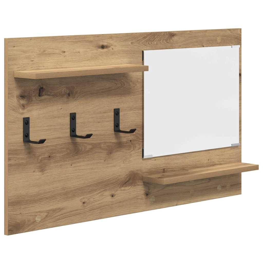 Ein Wandorganizer aus Holz mit zwei Regalen, drei schwarzen Metallhaken und einer Whiteboard auf der rechten Seite. Ideal für Zuhause oder im Büro.