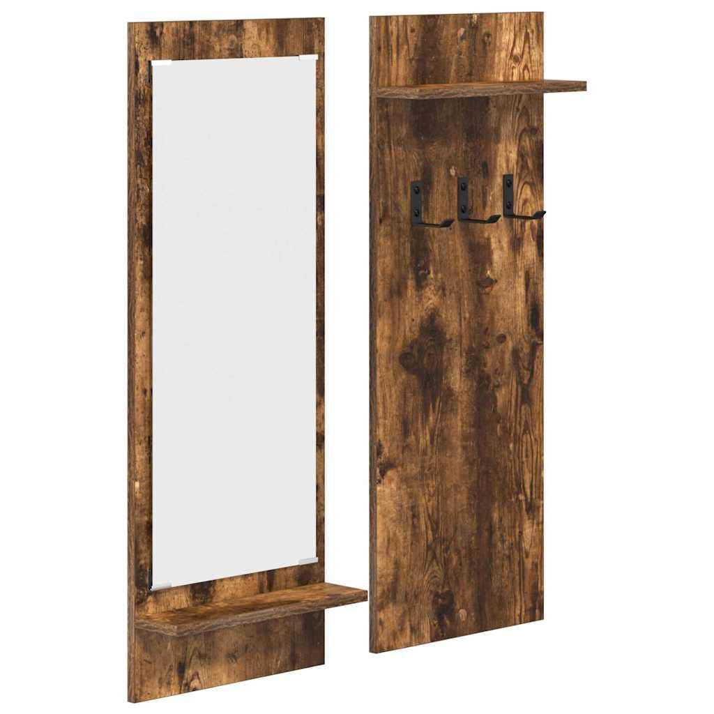 Wandmontierte Garderobe aus Holz mit einem Ganzkörperspiegel an einem Paneel und Haken zum Aufhängen von Gegenständen am anderen Paneel.