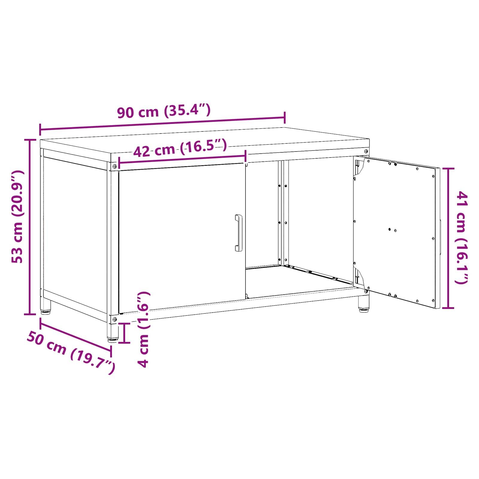 Ein Diagramm eines rechteckigen Schranks mit den Abmessungen: 90 cm breit, 53 cm hoch, 50 cm tief. Türen offen, zeigt ein Regal im Inneren in 41 cm Höhe.