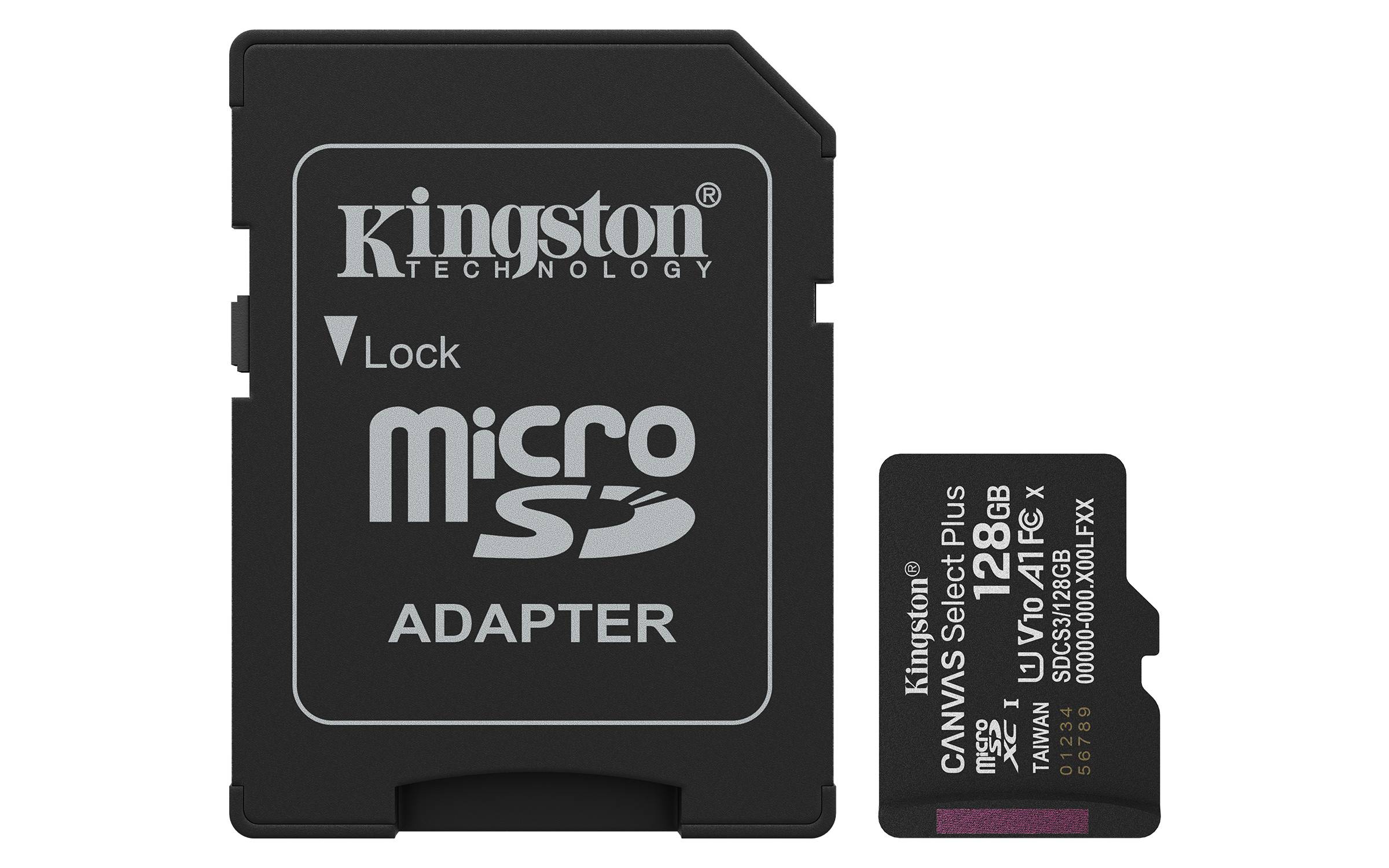Kingston Micro-SD-Adapter neben einer Kingston 128GB Micro-SD-Karte, die die Karte und den Adapter zur Speichererweiterung zeigt.