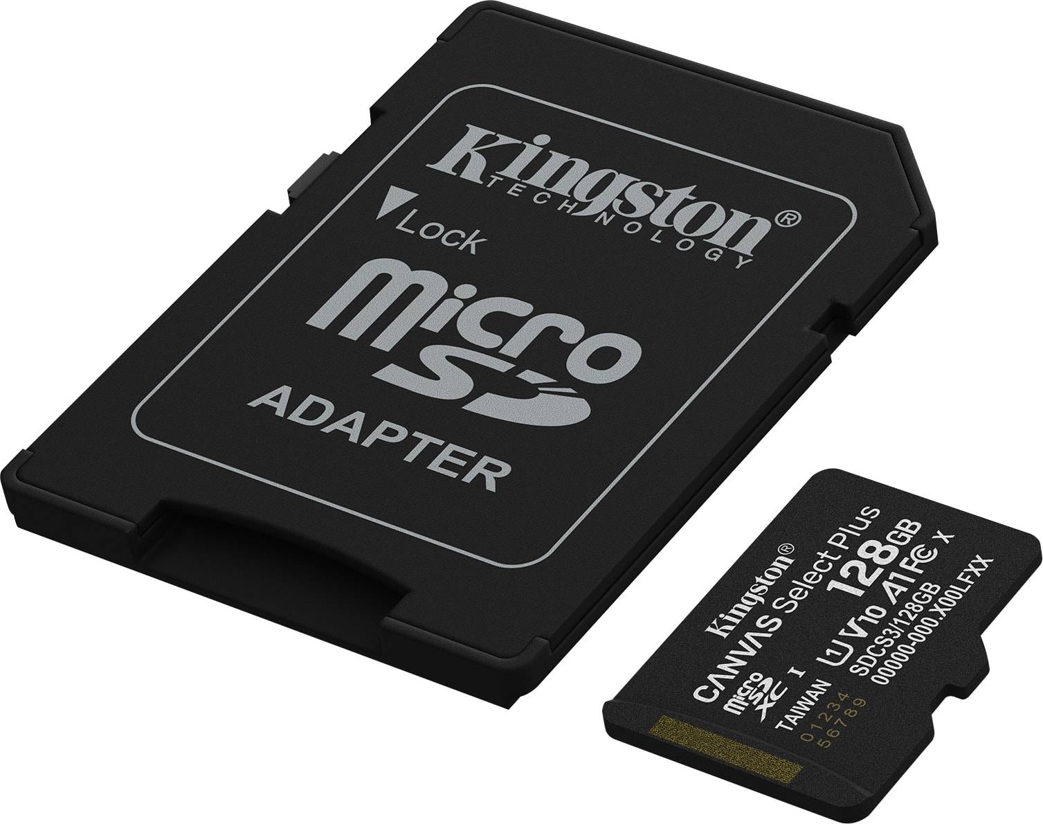 Eine Kingston 128GB microSD-Karte mit Adapter, gekennzeichnet als 'Canvas Select Plus' und kompatibel mit den Standards 'A1' und 'V10'.