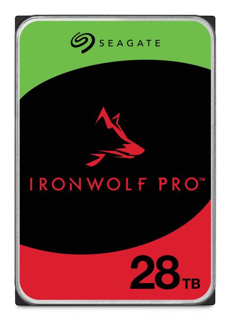 Seagate IronWolf Pro Festplattenverpackung mit IronWolf-Logo und hervorgehobener '28 TB'-Kapazität.