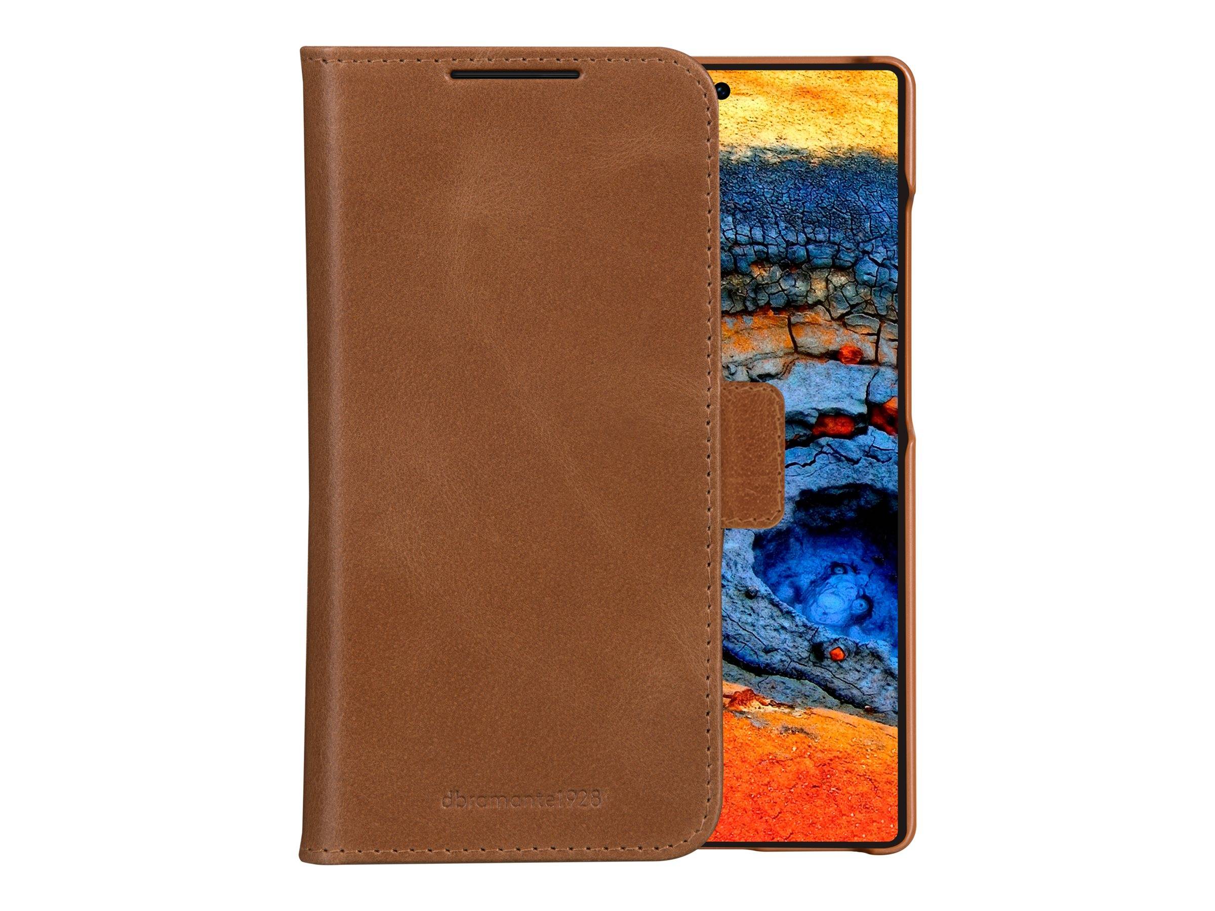 Braune Ledertasche für Mobiltelefone mit einem abstrakten Muster in Rot und Blau.