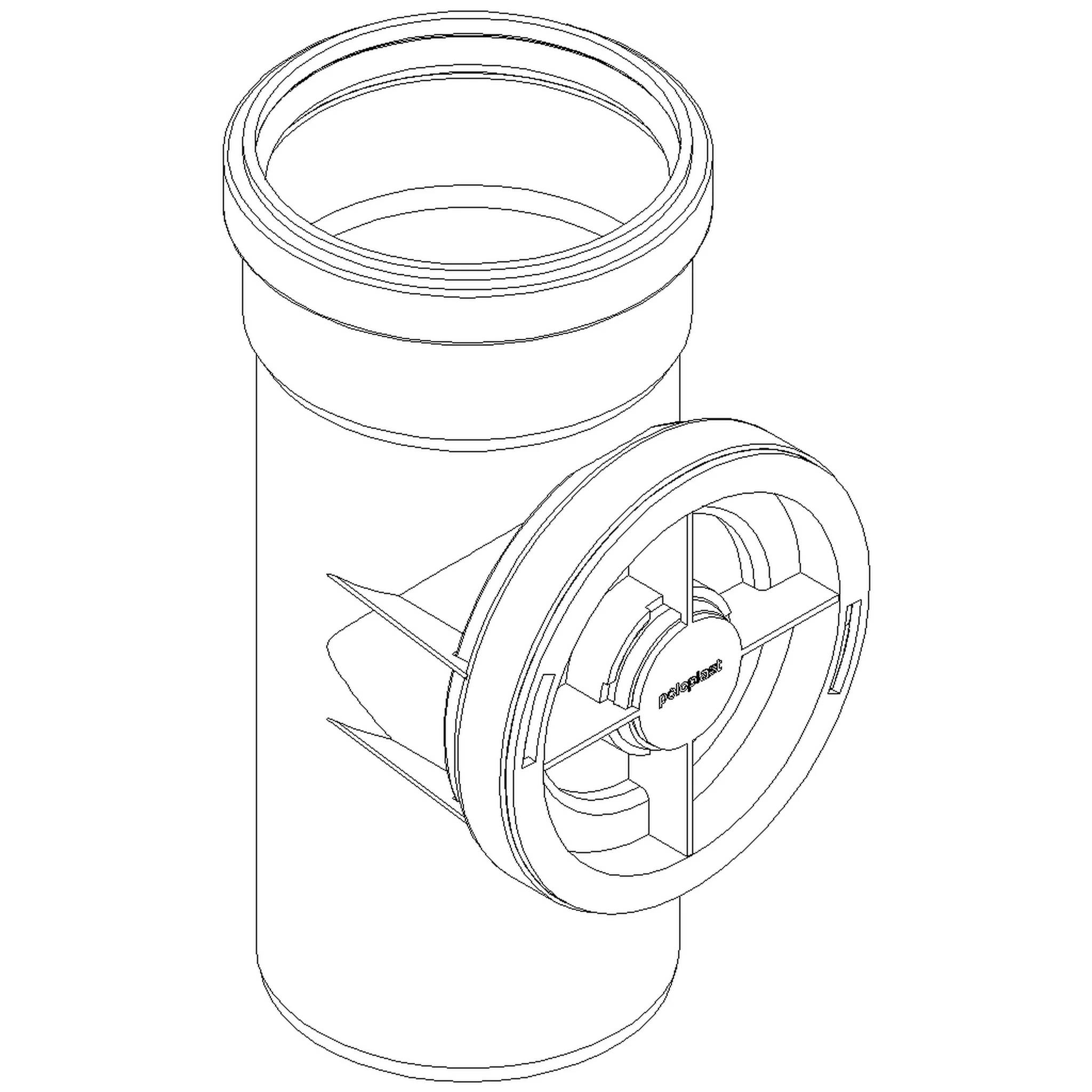 3D-Technische Illustration einer runden Rohrverschraubung mit seitlich montierter kreisförmiger Inline-Lüfter- oder Ventilbaugruppe.