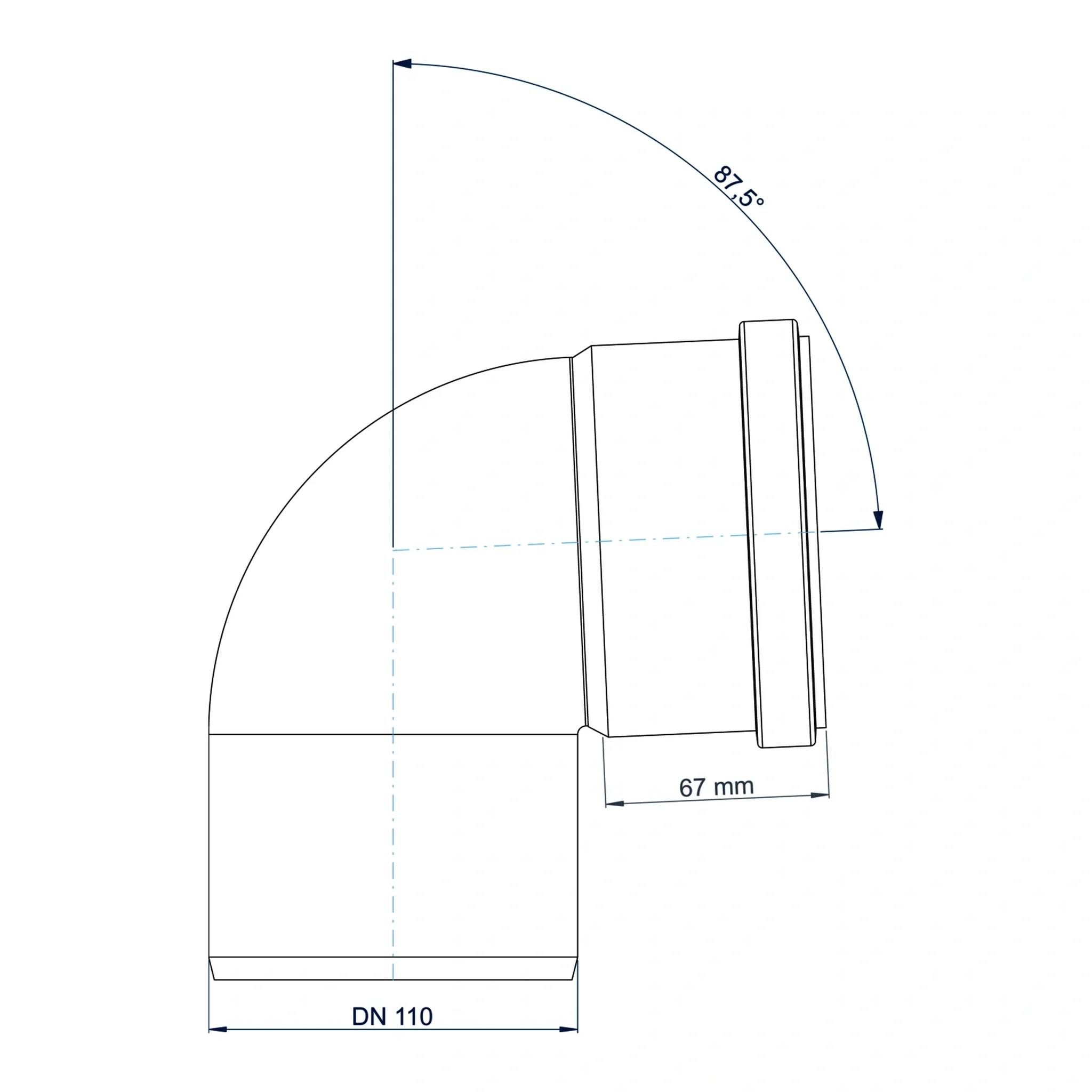 Technische Zeichnung einer 110 mm DN-Rohrbogenfitting mit 87,5° Biegung und 67 mm Seitenlänge.