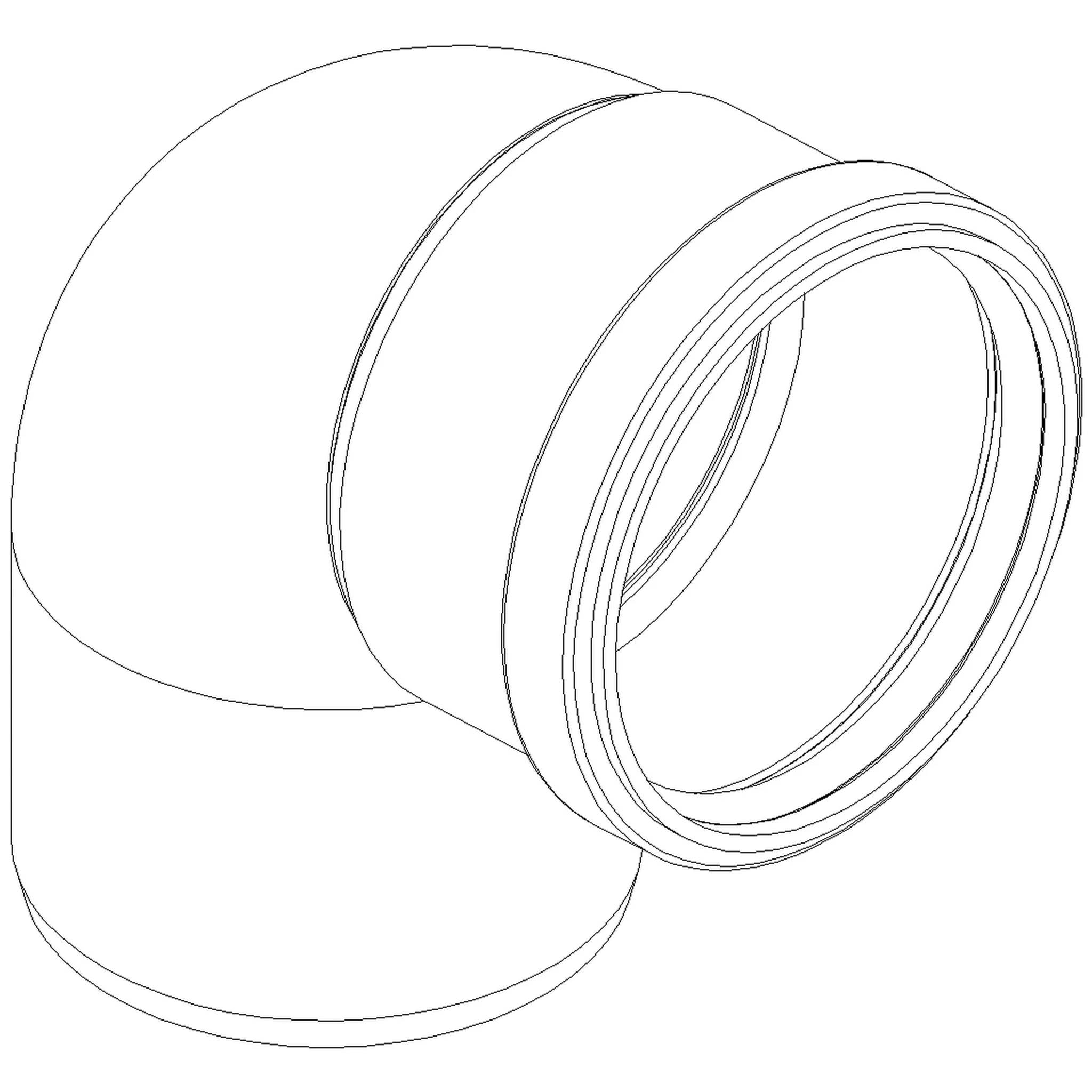 Linienzeichnung einer 90-Grad-PVC-Rohrbogenfitting mit gewindelter Öffnung auf der rechten Seite.