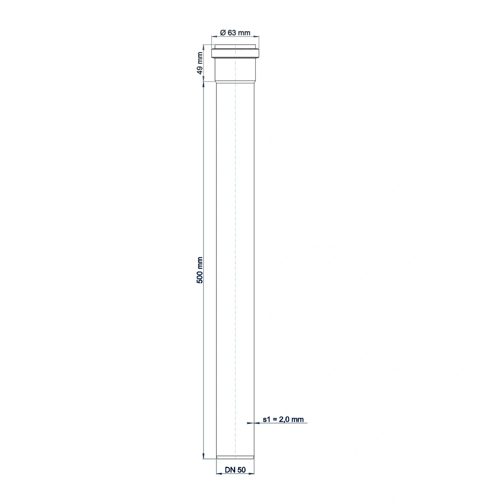 Technische Zeichnung eines vertikalen Rohrs oder Abluftstacks mit Abmessungen: 560 mm Höhe, 63 mm obere Breite, DN 50 Basis und 2,0 mm Wandstärke.