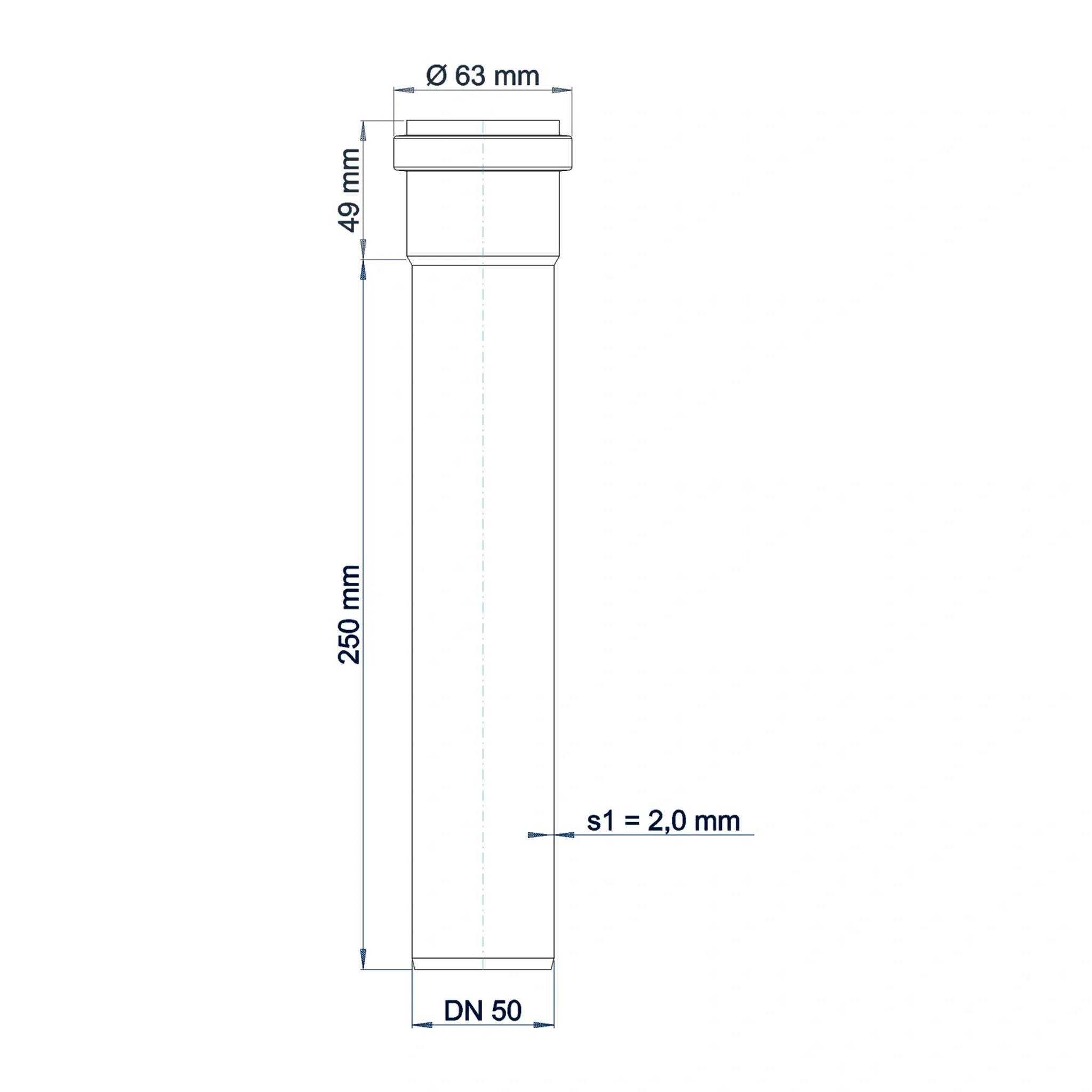Technische Zeichnung einer zylindrischen Rohrverbindung, beschriftet Ø63 mm oben, 49 mm Bund, 250 mm Länge, s1 = 2,0 mm Wanddicke, DN 50 unten.
