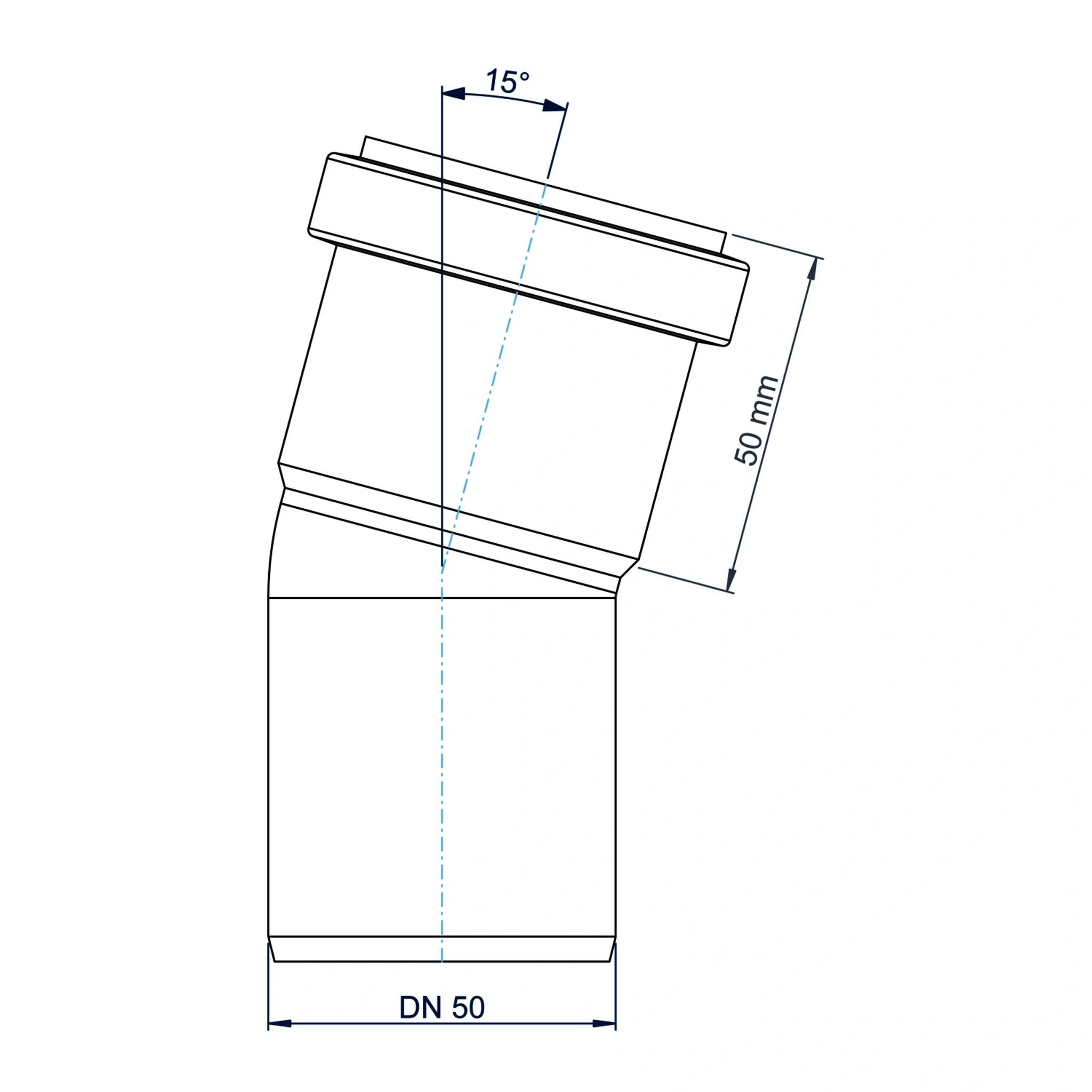 Technische Zeichnung einer abgewinkelten Rohrverbindung, bezeichnet DN 50, um 15 Grad geneigt mit einem 50-mm-Segment dargestellt.