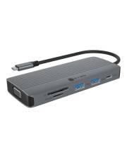 Ein grauer Multi-Port-USB-Hub mit einem schwarzen Kabel, der verschiedene Anschlüsse wie USB, HDMI und Kartenleser-Steckplätze für Konnektivität bietet.