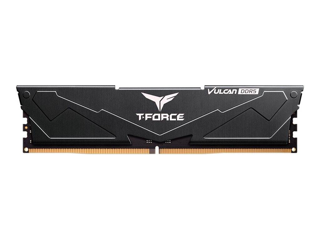 Ein schwarzes T-Force Vulcan DDR5 RAM-Modul mit silbernem Text und Logo auf dem Kühlkörper. Verwendet zur Verbesserung der Computer-Speicherleistung.