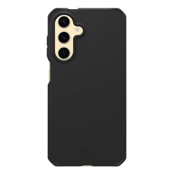 Schwarze Smartphone-Schutzhülle mit drei Kameraausschnitten auf der Rückseite und goldener Verzierung, auf weißem Hintergrund dargestellt.