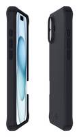 Schwarze Schutzschutzhülle für Smartphones von vorne und hinten gezeigt, mit Aussparungen für Seitentasten und Kamera.
